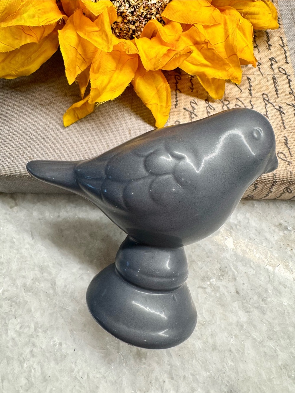 New Small French Country Cottage Gray Ceramic Bird Figure Decor - 4”